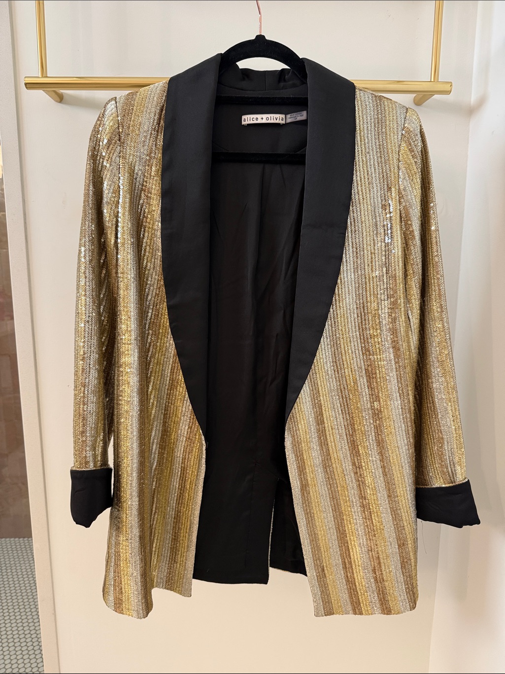Alice + Olivia Gold Sequin Striped Blazer With Black Satin Lapel